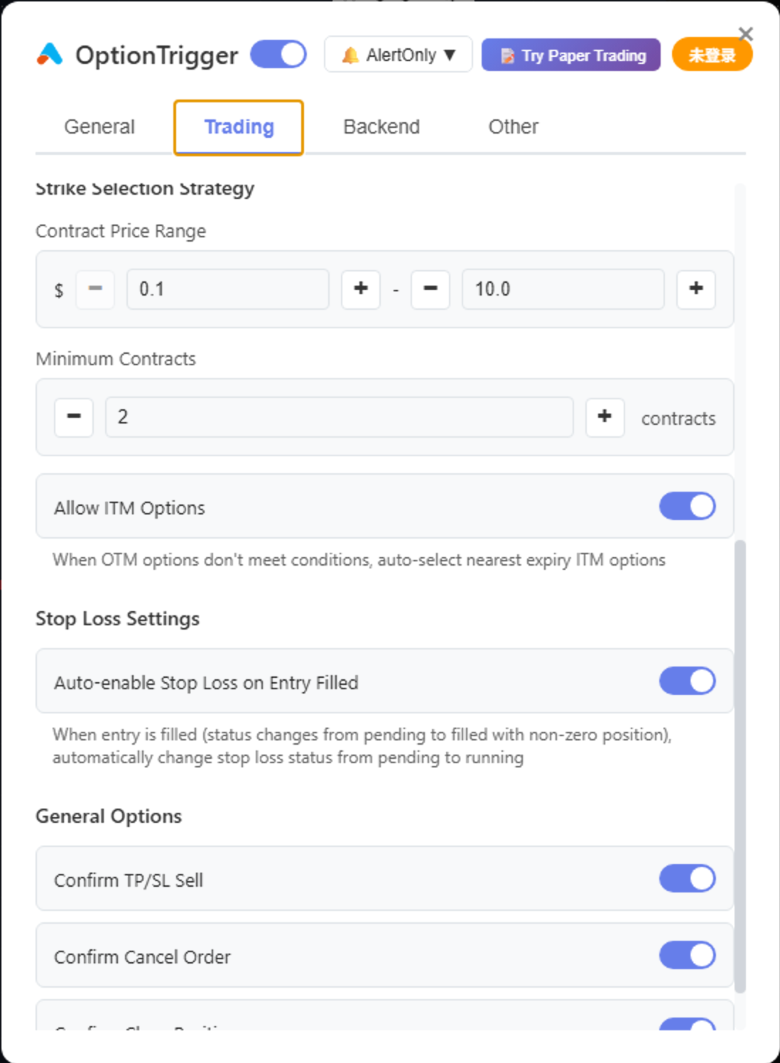 Global Settings - Trading 2